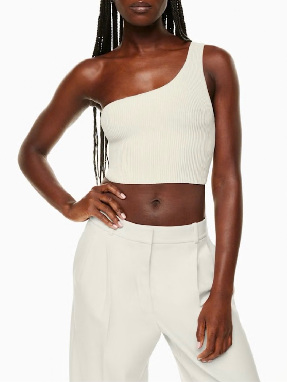 Babaton Sculpt Knit One Shoulder Crop Top Women Small Cream Ribbed Minimalist